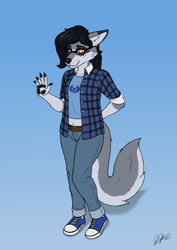 Size: 3508x4960 | Tagged: safe, artist:legatusflagrans, oc, oc only, oc:ellie (victor639514), canine, mammal, wolf, absurd resolution, belt, black hair, clothes, female, flannel shirt, glasses, hair, heterochromia, jeans, looking at you, pants, paw pads, paws, shirt, shy, smiling, sneakers, solo, solo female, topwear, waving