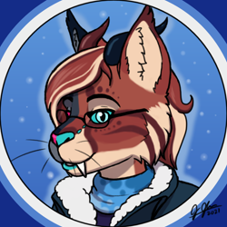 Size: 1024x1024 | Tagged: safe, artist:legatusflagrans, oc, oc only, oc:lyn, feline, fictional species, mammal, anthro, ambiguous gender, bust, clothes, coat, fangs, glasses, heterochromia, holiday, horns, icon, nonbinary, sabertooth (anatomy), scarf, sharp teeth, solo, solo ambiguous, teeth, topwear, two toned body, winter