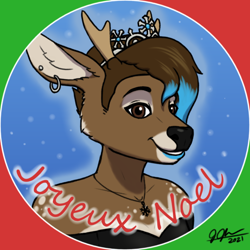 Size: 1024x1024 | Tagged: safe, artist:legatusflagrans, oc, oc:ritchie, cervid, deer, mammal, anthro, antlers, brown eyes, brown hair, bust, christmas, clothes, crossdressing, dress, ear piercing, earring, femboy, french text, ftm transgender, hair, headwear, holiday, icon, jewelry, lipstick, makeup, male, multicolored hair, necklace, piercing, regalia, solo, solo male, tiara, transgender, translation request, two toned hair