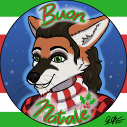 Size: 1024x1024 | Tagged: safe, artist:legatusflagrans, oc, oc only, oc:frank rossi, canine, fox, mammal, anthro, brown hair, bust, chin fluff, christmas, clothes, flannel shirt, fluff, green eyes, hair, holiday, icon, italian text, looking at you, male, ponytail, scarf, shirt, smiling, solo, solo male, topwear, translation request