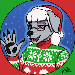 Size: 1024x1024 | Tagged: safe, artist:legatusflagrans, oc, oc:justice (jhelios), canine, dog, mammal, anthro, bust, christmas, clothes, female, glasses, hair, hat, headwear, holiday, icon, looking at you, mtf transgender, paw pads, paws, purple eyes, santa hat, smiling, solo, solo female, sweater, topwear, transgender, waving, white hair