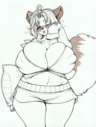 Size: 2474x3271 | Tagged: suggestive, artist:longinius, canine, mammal, raccoon dog, anthro, breasts, female, high res, hyper, hyper breasts, nipple outline, pajamas, pillow, solo, solo female, tail, thick thighs, thighs, traditional art, wide hips