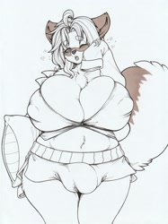 Size: 2465x3289 | Tagged: suggestive, artist:longinius, canine, mammal, raccoon dog, anthro, breasts, crotch bulge, high res, hyper, hyper breasts, intersex, intersex female, nipple outline, pajamas, pillow, solo, solo intersex female, tail, thick thighs, thighs, traditional art, wide hips