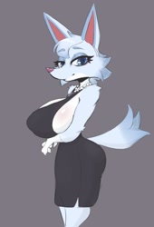 Size: 1180x1738 | Tagged: safe, artist:cooliehigh, whitney (animal crossing), canine, mammal, wolf, anthro, animal crossing, nintendo, 2022, breasts, clothes, dress, ears, female, hair, huge breasts, looking at you, smiling, smiling at you, solo, solo female, tail