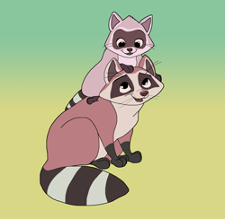 Size: 4163x4067 | Tagged: safe, artist:hyzenthlay-rose, mammal, procyonid, raccoon, feral, disney, 2d, absurd resolution, cute, duo, far from the tree, female, gradient background, male, marie (far from the tree), mother, mother and child, mother and son, son