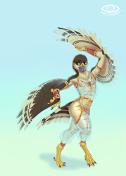 Size: 2143x3000 | Tagged: safe, artist:ladychimaera, oc, oc:lief woodcock, bird, eurasian sparrowhawk, hawk, sparrowhawk, anthro, absurd resolution, accipiter, accipitrid, accipitriform, beak, bird feet, body markings, bracelet, brown body, brown feathers, brown markings, cheek markings, clothes, digit ring, facial markings, feathered wings, feathers, harem jewelry, harem outfit, head marking, high res, jewelry, male, necklace, orange marking, ring, solo, solo male, tail, tail feathers, tan body, tan feathers, toe ring, translucent, translucent clothing, true hawk, winged arms, wings, yellow eyes