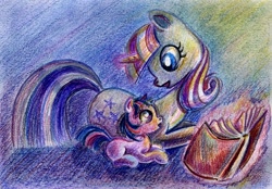 Size: 861x600 | Tagged: safe, artist:maytee, twilight sparkle (mlp), twilight velvet (mlp), equine, fictional species, mammal, pony, unicorn, feral, friendship is magic, hasbro, my little pony, 2012, book, daughter, duo, female, filly, foal, horn, mare, mother, mother and daughter, open mouth, reading, tail, traditional art, young