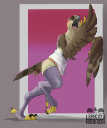 Size: 3000x3596 | Tagged: safe, artist:yggiiggy, oc, oc:lief woodcock, bird, eurasian sparrowhawk, hawk, sparrowhawk, anthro, absurd resolution, accipiter, accipitrid, accipitriform, beak, bird feet, body markings, brown body, brown feathers, brown markings, cheek markings, clothes, facial markings, feathered wings, feathers, head marking, high res, leaning, leaning forward, legwear, male, open mouth, orange marking, shirt, solo, solo male, stockings, tail, tail feathers, tan body, tan feathers, tank top, topwear, true hawk, winged arms, wings, yawning