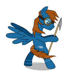 Size: 1020x1000 | Tagged: safe, artist:edowaado, oc, oc:seaward skies, equine, fictional species, mammal, pegasus, pony, feral, hasbro, my little pony, blue body, blue eyes, brown hair, cutie mark, eyewear, feathered wings, feathers, goggles, hair, harpoon, hooves, male, mane, melee weapon, polearm, quadruped, simple background, solo, solo male, spear, transparent background, weapon, wings