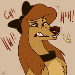 Size: 1280x1280 | Tagged: safe, artist:pupperstar, dixie (the fox and the hound), canine, dog, mammal, saluki, feral, disney, the fox and the hound, 2d, bow, brown eyes, brown hair, bust, female, fur, hair, hair bow, imminent sneeze, solo, solo female, tan body, tan fur