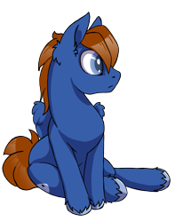 Size: 789x1000 | Tagged: safe, artist:arctic-fox, oc, oc:seaward skies, equine, fictional species, mammal, pegasus, pony, feral, hasbro, my little pony, blue body, blue eyes, brown hair, cutie mark, eyewear, eyewear on head, feathered wings, feathers, goggles, goggles on head, hair, hooves, male, mane, quadruped, simple background, sitting, solo, solo male, transparent background, wings