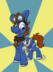 Size: 614x834 | Tagged: safe, artist:lilsunshinesam, oc, oc:der, oc:seaward skies, equine, fictional species, mammal, pegasus, pony, feral, hasbro, my little pony, beak, bird feet, blue body, blue eyes, blushing, brown hair, collar, collar tag, cutie mark, eyewear, eyewear on head, feathered wings, feathers, fluff, goggles, goggles on head, hair, hooves, male, mane, micro, quadruped, size difference, solo, solo male, tail, tail tuft, wings