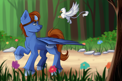 Size: 2888x1922 | Tagged: safe, artist:airiniblock, oc, oc:der, oc:seaward skies, bird, equine, feline, fictional species, gryphon, mammal, pegasus, pony, feral, hasbro, my little pony, bird feet, blue body, blue eyes, brown hair, collar, cutie mark, eyewear, eyewear on head, feathered wings, feathers, fluff, forest, goggles, goggles on head, hair, high res, hooves, leash, male, mane, micro, mythological avian, mythology, paws, plant, quadruped, size difference, small dom big sub, solo, solo male, tail, tail tuft, tree, wings