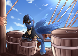 Size: 1678x1219 | Tagged: safe, artist:airiniblock, oc, oc only, oc:seaward skies, equine, fictional species, mammal, pegasus, pony, feral, hasbro, my little pony, 2017, barrel, blue body, blue eyes, brown hair, clothes, cutie mark, eyewear, eyewear on head, feathered wings, feathers, goggles, goggles on head, hair, hooves, male, mane, ocean, quadruped, rope, sailing, ship, solo, solo male, spread wings, uniform, vehicle, water, watercraft, wings