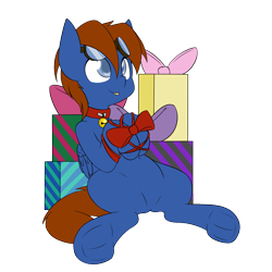 Size: 1500x1500 | Tagged: safe, artist:rice, oc, oc only, oc:seaward skies, equine, fictional species, mammal, pegasus, pony, feral, hasbro, my little pony, 1:1, bell, blue body, blue eyes, bondage, bound legs, bow, brown hair, brown mane, collar, eyewear, eyewear on head, feathered wings, feathers, folded wings, gift, goggles, goggles on head, hair, hooves, jingle bells, male, mane, quadruped, simple background, solo, solo male, transparent background, wings