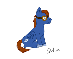 Size: 3335x2694 | Tagged: safe, artist:sorrowwing, oc, oc only, oc:seaward skies, equine, fictional species, mammal, pegasus, pony, feral, hasbro, my little pony, 2015, blue body, blue eyes, brown hair, brown mane, cutie mark, eyewear, feathered wings, feathers, goggles, hair, high res, hooves, male, mane, quadruped, simple background, solo, solo male, white background, wings