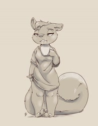 Size: 2500x3200 | Tagged: safe, artist:louart, mammal, rodent, squirrel, anthro, 2022, big tail, bottomless, clothes, coffee mug, female, high res, nudity, partial nudity, shirt, solo, solo female, tail, topwear
