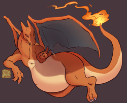 Size: 2215x1797 | Tagged: safe, artist:eclairscollection, oc, oc:charizard seven, charizard, fictional species, reptile, feral, nintendo, pokémon, ambiguous gender, beckoning, belly, bipedal, claws, countershading, eye scar, facial scar, fire, gesture, high res, lying, lying down, male, membrane (anatomy), on side, orange body, orange skin, scar, simple background, solo, solo male, starter pokémon, video game, webbed wings, wings