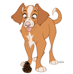 Size: 1263x1280 | Tagged: safe, artist:faithandfreedom, canine, dog, mammal, nova scotia duck tolling retriever, feral, 2d, cute, male, pinecone, simple background, smiling, solo, solo male, white background