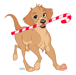 Size: 1284x1280 | Tagged: safe, artist:faithandfreedom, canine, dog, golden retriever, mammal, feral, 2d, candy cane, cute, male, paw pads, paws, simple background, smiling, solo, solo male, white background