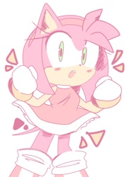 Size: 831x1122 | Tagged: safe, artist:nuinu_17, amy rose (sonic), hedgehog, mammal, anthro, sega, sonic the hedgehog (series), 2022, bipedal, boots, bracelet, clothes, dress, emanata, female, fist, fur, gloves, green eyes, hair, hairband, jewelry, open mouth, pink body, pink fur, quills, shoes, simple background, solo, solo female, standing, white background