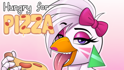Size: 1200x675 | Tagged: safe, artist:drako1997, glamrock chica (fnaf), bird, anthro, five nights at freddy's, five nights at freddy's: security breach, 2022, beak, blushing, digital art, ear piercing, ears, eating, female, food, fur, hair, looking at you, open mouth, piercing, pizza, sharp teeth, solo, solo female, teaser, teeth, text, tongue, tongue out
