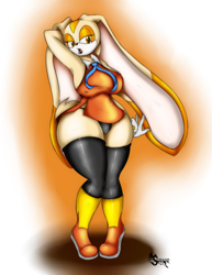 Size: 1480x1914 | Tagged: suggestive, artist:suirano, cream the rabbit (sonic), lagomorph, mammal, rabbit, anthro, sega, sonic the hedgehog (series), 2015, bedroom eyes, black nose, breasts, clothes, digital art, eyelashes, female, hair, nipple outline, older cream the rabbit, open mouth, panties, shirt, shoes, simple background, solo, solo female, tail, thighs, topwear, underwear, wide hips