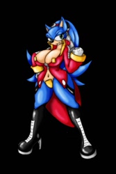 Size: 853x1280 | Tagged: suggestive, artist:suirano, doctor eggman (sonic), sonic the hedgehog (sonic), hedgehog, mammal, anthro, sega, sonic the hedgehog (series), 2014, bedroom eyes, black background, black nose, boots, breasts, clothes, commission, cosplay, digital art, eyelashes, female, gloves, hair, maebari, rule 63, shoes, simple background, solo, solo female, sonique, tail, thighs, wide hips