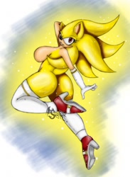 Size: 936x1280 | Tagged: suggestive, artist:suirano, sonic the hedgehog (sonic), hedgehog, mammal, anthro, sega, sonic the hedgehog (series), 2014, bedroom eyes, big breasts, black nose, breasts, butt, clothes, digital art, eyelashes, featureless breasts, female, gloves, hair, looking at you, looking back, looking back at you, nudity, rear view, rule 63, shoes only, sideboob, simple background, solo, solo female, sonique, super form, super sonic, tail, thighs, wide hips