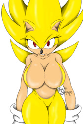 Size: 800x1183 | Tagged: suggestive, artist:suirano, sonic the hedgehog (sonic), hedgehog, mammal, anthro, sega, sonic the hedgehog (series), 2012, bedroom eyes, belly button, big breasts, black nose, breasts, clothes, digital art, eyelashes, featureless breasts, featureless crotch, female, gloves, hair, nudity, rule 63, simple background, solo, solo female, sonique, super sonic, tail, thighs, wide hips