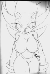 Size: 800x1183 | Tagged: suggestive, artist:suirano, sonic the hedgehog (sonic), hedgehog, mammal, anthro, sega, sonic the hedgehog (series), 2012, bedroom eyes, belly button, big breasts, black nose, breasts, clothes, eyelashes, featureless breasts, featureless crotch, female, gloves, hair, monochrome, nudity, rule 63, simple background, sketch, solo, solo female, sonique, super form, super sonic, tail, thighs, traditional art, wide hips, work in progress