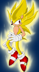 Size: 700x1269 | Tagged: safe, artist:suirano, sonic the hedgehog (sonic), hedgehog, mammal, anthro, sega, sonic the hedgehog (series), 2011, black nose, clothes, digital art, gloves, hair, male, shoes, simple background, solo, solo male, super sonic, tail, thighs