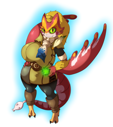 Size: 1920x2161 | Tagged: safe, alternate version, artist:suirano, oc, oc only, fictional species, pukei-pukei, reptile, anthro, digitigrade anthro, monster hunter, 2019, big breasts, bottomwear, breasts, clothes, commission, digital art, eyelashes, female, fluff, hair, hand on hip, neck fluff, pants, scales, shirt, simple background, solo, solo female, tail, thighs, topwear, wide hips, winged arms