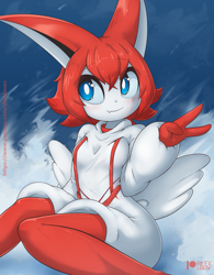 Size: 961x1230 | Tagged: safe, artist:rilexlenov, fictional species, legendary pokémon, mythical pokémon, victini, anthro, nintendo, pokémon, 2022, anthrofied, breasts, clothes, ears, female, gesture, hair, red hair, smiling, solo, solo female, tail, thighs, v sign