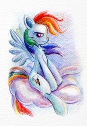 Size: 640x923 | Tagged: safe, artist:maytee, rainbow dash (mlp), equine, fictional species, mammal, pegasus, pony, feral, friendship is magic, hasbro, my little pony, 2012, blue body, blue fur, feathered wings, feathers, female, fur, hair, mane, mare, rainbow hair, rainbow mane, rainbow tail, sitting on a cloud, solo, solo female, tail, traditional art, wings