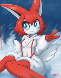 Size: 961x1230 | Tagged: suggestive, alternate version, artist:rilexlenov, fictional species, legendary pokémon, mythical pokémon, victini, anthro, nintendo, pokémon, 2022, areola, breasts, clothes, ears, female, hair, red hair, smiling, solo, solo female, tail, thighs