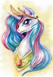 Size: 625x897 | Tagged: safe, artist:maytee, princess celestia (mlp), alicorn, equine, fictional species, mammal, pony, feral, friendship is magic, hasbro, my little pony, 2012, bust, crown, female, headwear, horn, jewelry, mare, peytral, portrait, regalia, solo, solo female, traditional art, white body
