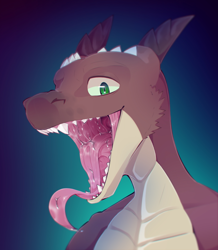 Size: 1240x1424 | Tagged: suggestive, artist:pinedx, oc, oc:bryce daeless, oc:bryce daeless (kobold), fictional species, kobold, reptile, anthro, bipedal, brown body, countershading, green eyes, horn, male, mouth shot, open mouth, pupils, saliva, slit pupils, solo, solo male, tan body, tongue, tongue out