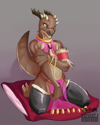 Size: 720x900 | Tagged: safe, artist:yggiiggy, oc, oc:bryce daeless, oc:bryce daeless (kobold), fictional species, kobold, reptile, anthro, bipedal, blushing, bottomwear, bracelet, brown body, claws, clothes, countershading, green eyes, horn, jewelry, kneeling, legwear, loincloth, male, necklace, pupils, slit pupils, solo, solo male, tan body