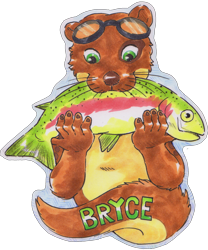 Size: 1342x1611 | Tagged: safe, artist:wooperworks, oc, oc:bryce daeless, oc:bryce daeless (otter), fish, mammal, mustelid, otter, trout, anthro, feral, badge, bipedal, bite, black nose, body markings, brown body, brown markings, countershading, duo, eye markings, eyewear, eyewear on head, goggles, goggles on head, green eyes, male, marine, paws, simple background, spots, tan body, transparent background
