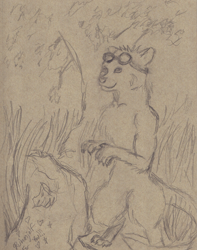 Size: 2745x3485 | Tagged: safe, artist:ruhmjolf, oc, oc:bryce daeless, oc:bryce daeless (otter), oc:bryce daeless h lutrine, mammal, mustelid, anthro, absurd resolution, bipedal, countershading, eyewear, eyewear on head, goggles, goggles on head, grass, high res, male, paws, plant, smiling
