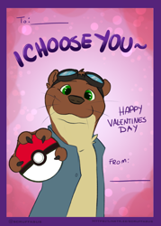 Size: 1500x2100 | Tagged: safe, artist:scruffasus, oc, oc:bryce daeless, oc:bryce daeless (otter), mammal, mustelid, otter, anthro, nintendo, pokémon, black nose, brown body, clothes, countershading, english text, green eyes, happy valentines day, high res, holiday, holiday message, male, paws, poké ball, shirt, standard poké ball, tan body, text, topwear, valentine's day, video game