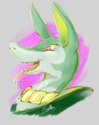 Size: 996x1249 | Tagged: safe, artist:dawnallies, oc, oc:alastor serperior, fictional species, serperior, feral, nintendo, pokémon, body markings, bust, countershading, forked, green body, jewelry, necklace, portrait, purple eyes, starter pokémon, tongue, tongue out, video game, yellow marking
