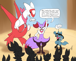 Size: 2500x2000 | Tagged: safe, artist:shikaro, braixen, eevee, eeveelution, fictional species, glaceon, latias, leafeon, legendary pokémon, mammal, riolu, shiny pokémon, zorua, anthro, feral, comic:how to lose a guild, nintendo, pokémon, pokémon mystery dungeon, ambiguous gender, background character, belly button, clothes, cute, cute little fangs, dialogue, ear fluff, english text, fangs, featureless crotch, female, fluff, group, high res, open mouth, red eyes, scarf, simple background, speech bubble, starter pokémon, stick, talking, teeth, text, tongue, video game