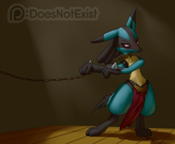 Size: 2000x1636 | Tagged: safe, artist:doesnotexist, oc, oc:blacktail (doesnotexist), canine, fictional species, lucario, mammal, anthro, nintendo, pokémon, star wars, 2018, 3 toes, 4 fingers, bite, biting, biting own lip, black body, black fur, blue body, blue fur, blushing, body markings, bottomwear, bulge, chain, chain leash, clothes, collar, costume, dancing, digital art, dipstick ears, dipstick tail, eyeliner, feet, fingers, fur, gloves (arm marking), high res, jewelry, leash, lip biting, loincloth, makeup, male, multicolored ears, multicolored tail, red eyes, self bite, signature, slave, slave leia costume, solo, solo male, spotlight, tail, tail markings, toes, video game, watermark, yellow body, yellow fur