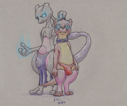 Size: 3209x2669 | Tagged: suggestive, artist:doesnotexist, oc, oc:bryce daeless, oc:bryce daeless (otter), oc:iorite, fictional species, legendary pokémon, mammal, mewtwo, mustelid, otter, anthro, nintendo, pokémon, 2017, absurd resolution, blue eyes, bottomwear, brown body, brown fur, bulge, clothes, collar, dominant, dominant male, duo, footwear, fur, glowing, glowing eyes, gray body, gray skin, high res, hypnosis, legwear, loincloth, male, male/male, mind control, panties, partial nudity, skin, smiling, socks, spiral eyes, standing, stockings, thigh highs, topless, traditional art, underwear, video game