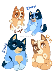 Size: 1105x1438 | Tagged: safe, artist:artist-squared, bandit heeler (bluey), bingo heeler (bluey), bluey heeler (bluey), chilli heeler (bluey), australian cattle dog, canine, dog, mammal, semi-anthro, bluey (series), 2021, blue body, blue fur, character name, chibi, cute, daughter, family, father, father and child, father and daughter, female, fur, group, husband, husband and wife, male, mother, mother and daughter, mother and father, orange body, orange fur, parents, puppy, siblings, simple background, sister, sisters, tan body, tan fur, text, transparent background, wife, young