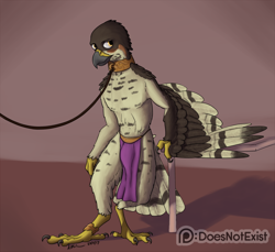 Size: 2000x1833 | Tagged: safe, artist:doesnotexist, oc, oc:lief woodcock, bird, eurasian sparrowhawk, hawk, sparrowhawk, anthro, 2017, 4 toes, accipiter, accipitrid, accipitriform, anisodactyl, anklet, bipedal, bird feet, blushing, bottomwear, brown body, brown feathers, clothes, collar, digital art, feathered wings, feathers, feet, high res, jewelry, leash, loincloth, male, orange eyes, slave, solo, solo male, standing, tan body, tan feathers, toes, true hawk, wings