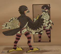Size: 2000x1780 | Tagged: safe, artist:doesnotexist, oc, oc:lief woodcock, bird, eurasian sparrowhawk, hawk, sparrowhawk, anthro, 2018, 4 toes, accipiter, accipitrid, accipitriform, anisodactyl, bipedal, bird feet, blushing, bottomwear, brown body, brown feathers, bulge, caught, claws, clothes, crossdressing, digital art, english text, feathered wings, feathers, feet, footwear, high res, legwear, looking at mirror, looking at object, looking at you, male, mirror, panties, partial nudity, patreon, patreon logo, patreon username, pattern bottomwear, pattern clothing, pattern footwear, pattern legwear, pattern panties, pattern socks, pattern underwear, pose, signature, socks, solo, solo male, standing, stockings, striped bottomwear, striped clothes, striped footwear, striped legwear, striped panties, striped underwear, stripes, tan body, tan feathers, text, toes, topless, true hawk, underwear, watermark, wings