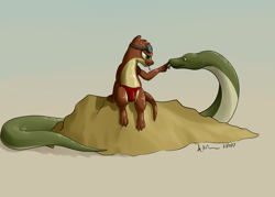 Size: 2000x1428 | Tagged: safe, artist:doesnotexist, oc, oc:bryce daeless, oc:bryce daeless (otter), mammal, mustelid, otter, reptile, snake, anthro, 2017, ambiguous gender, boop, brown body, brown fur, bulge, clothes, confusion, digital art, eyewear, fur, goggles, green body, green eyes, green scales, high res, male, panties, river otter, rock, scales, sitting, tan body, tan fur, tongue, tongue out, underwear, wet, whiskers, yellow body, yellow scales